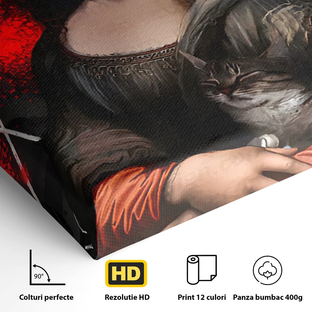 Detaliu al suprafetei: tablou canvas cu mona lisa si o pisica, fara rama, pe sasiu de lemn